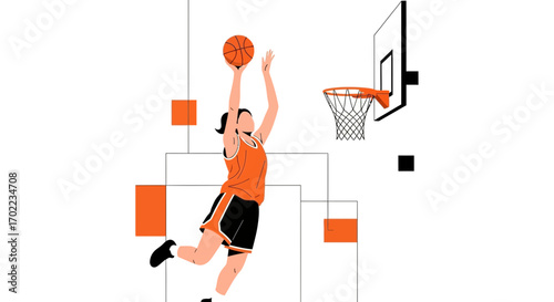 Basketball Player Shooting the Ball Depicted in Minimalist Design, Vector Illustration