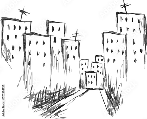 Multi-storey buildings and a road leading into the city, drawing sketch, pencil sketch in gray style, template for covers, websites, creative design for creative idea
