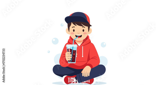 Cheerful Young Boy Enjoying a Cold Drink While Seated, Refreshment Pleasure Concept