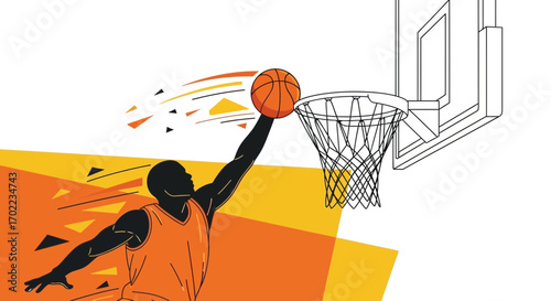 Basketball player silhouette dunking the ball into the hoop, active in a orange and yellow colored frame