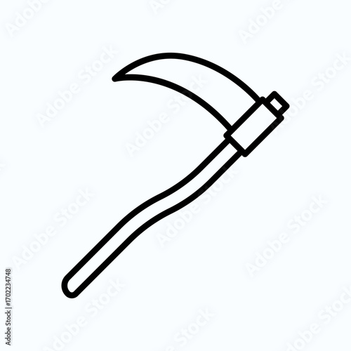 Black Line Illustration of Scythe Agricultural Tool on White Background