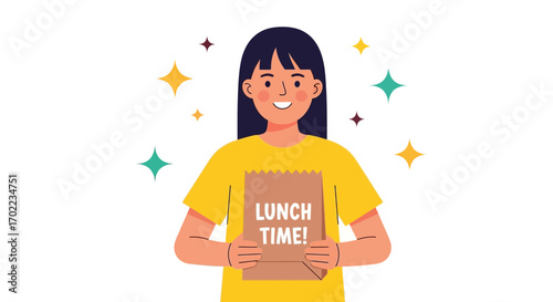 Cheerful Young Woman Holding Lunch Bag, Smiling, Sparkling Stars, Simple Vector Illustration