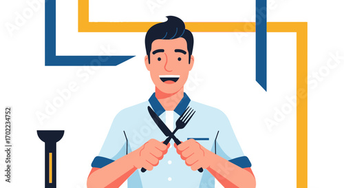 Cheerful Young Man Holding Utensils, Dining Room Concept, Ready to Eat, Vector Illustration