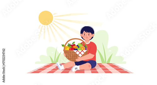 Cheerful Young Person Enjoying a Sunny Picnic with a Basket of Fresh Fruits
