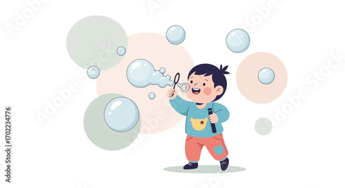 Cheerful Youngster Blowing Soap Bubbles With Joy and Enthusiasm In This Playful Activity