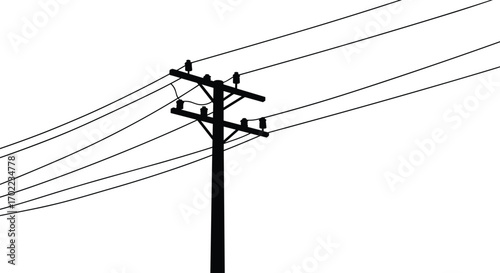 Silhouette of Utility Power Pole with Multiple Electric Lines, Vector Illustration of Electricity Transmission, High Voltage Infrastructure for Industrial, Energy, Technology, and Grid Concepts