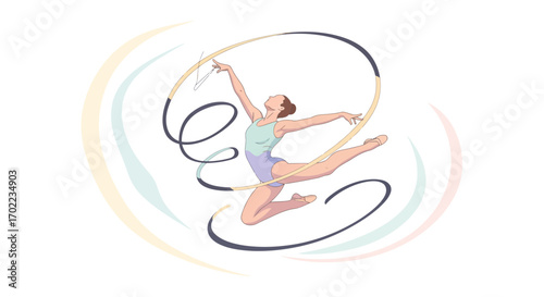 Beautiful illustration of a gymnast performing with a ribbon during a competition