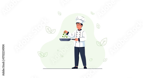Chef Adding Ingredients to Pan, Illustrating Culinary Art and Healthy Cuisine, Vector Illustration