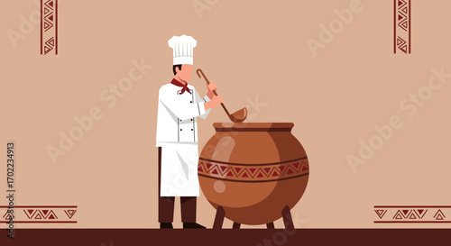 Chef Adding Ingredients Into A Big Pot In Culinary Cooking Kitchen Illustration
