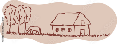 House situated on a sunny meadow with a horse grazing close to surrounding trees, pencil sketch in warm beige tones, sketch drawing, background fill with arbitrary wave contour, template for covers