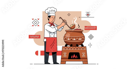Chef Adding Ingredients To Traditional Stew In Decorative Cookware Illustration