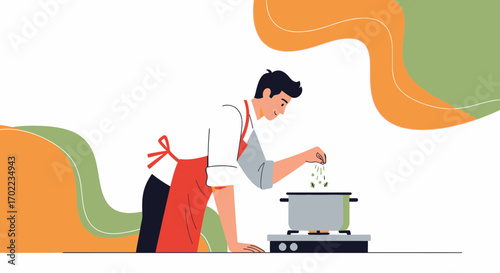 Chef adding spices to a pot of food in a minimalist cartoon illustration