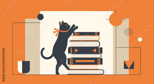 Black Cat Reaching For Books Depicted In Abstract Geometric Illustration Art