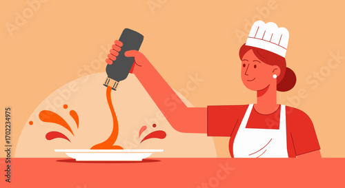 Chef Adds Sauce To Plate In Flat Colorful Illustration Style With Vector Design