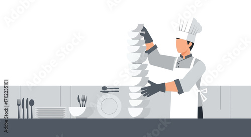 Chef carrying plates at a restaurant kitchen in monochrome style vector illustration