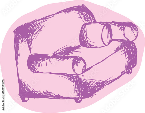 A side perspective of a sofa featuring armrests and a cushion, a design in lilac and purple tones, pencil sketch, drawing sketch, template for covers, websites, creative design for creative idea