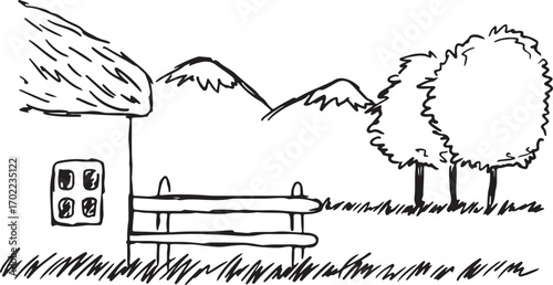 A fenced property featuring a house, located in a natural setting with panoramic mountain scenery, pencil sketch with black lines, drawing sketch, template for covers, websites, creative design for cr