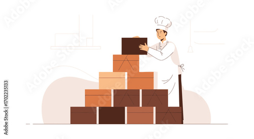 Chef Constructing Pyramid Of Boxes With Great Care And Precision In Modern Style