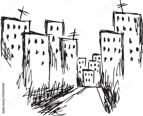 Cityscape featuring multi-storey buildings and a road approaching the urban area, pencil sketch with black lines, drawing sketch, template for covers, websites, creative design for creative idea