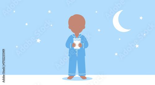 Boy In Blue Pajamas Holding A Glass Of Milk Under A Crescent Moon And Stars