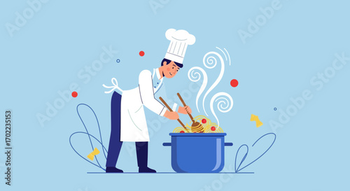 Chef Cooking Delicious Meal in Pot, Illustration of Culinary Preparation, Modern Design