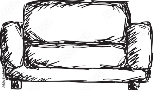 Front view of a sofa with armrests and small legs, pencil sketch with black lines, drawing sketch, template for covers, websites, creative design for creative idea