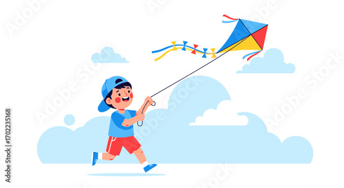 Boy in the Sky having fun flying a Colorful Kite on a Sunny Day