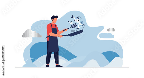 Chef cooking fish in a pan concept illustration for food and culinary