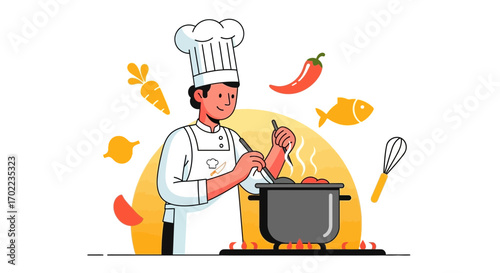 Chef cooking in the kitchen preparing a delicious meal with fresh ingredients illustration