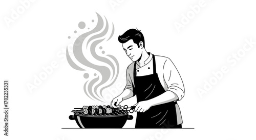 Chef cooking kebabs on a grill illustration vector in black and white style design