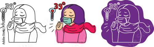 sick young woman in medical mask with high temperature coughing, drawing in different colors