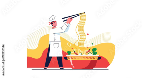 Chef cooking noodles in a bowl with chopsticks colorful minimal illustration design