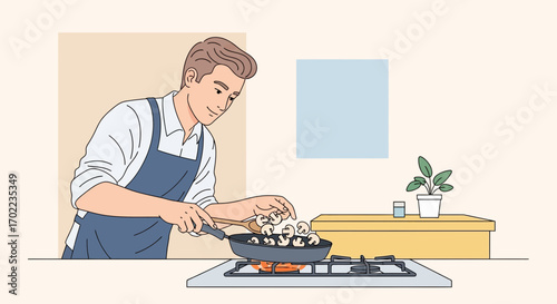 Chef Cooking Mushrooms In Pan Producing Delicious Meal In Residential Kitchen Setting