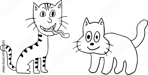 two funny cats, children's drawing, cat with big cheeks and smiling tabby sitting cat with anthropomorphic face with long tongue, children draw style design elements