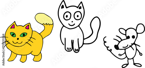 two funny cats and funny mouse, children draw style design elements, crooked black lines