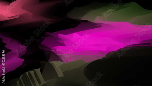 Abstract landscape with pink and green hues blending into a dark background creating depth and mystery