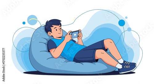 Boy Relaxing on a Beanbag Playing a Game on His Smartphone in Vector Art