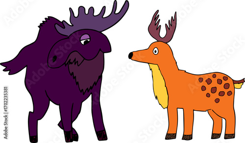 big forest moose with antlers and orange spotted deer with antlers, children draw style design elements, black curved lines