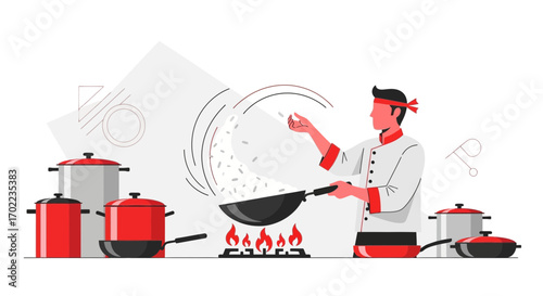 Chef cooking rice in a wok with kitchenware and stove on white background design