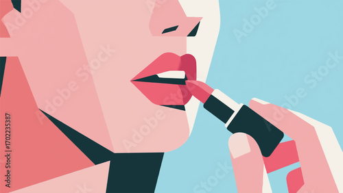 close-up illustration showing a woman applying lipstick vector design template