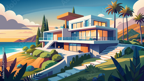 Beautiful modern villa on a coastal European hillside, with flat roofs, glass railings, palm trees, and panoramic sea views, offering elegance, tranquility, and cutting-edge architecture.