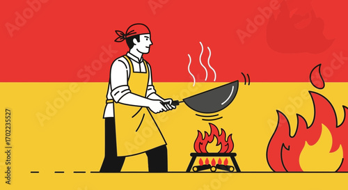 Chef cooking with a wok over fire illustration in flat design style