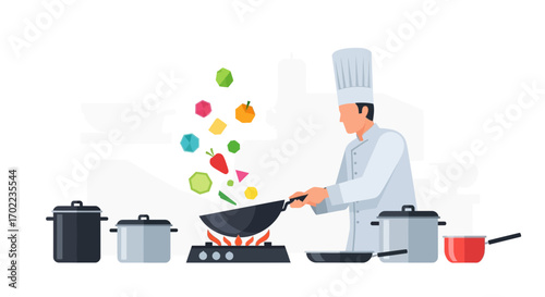 Chef cooking with vegetables in a wok pan, cooking concept illustration for food