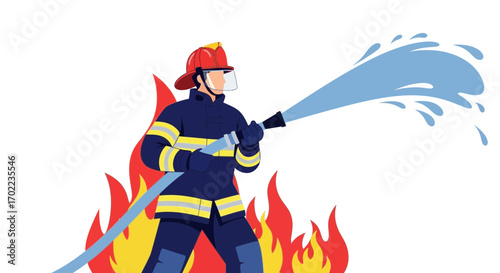 Brave Firefighter Combatting Flames With Powerful Water Stream During Emergency Response