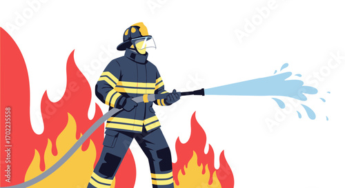 Brave Firefighter Battling Flames, Extinguishing Blaze With Water, Heroic Concept