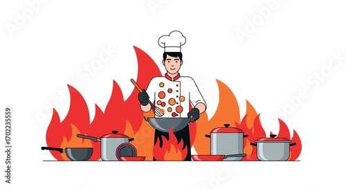 Chef cooking with fire and kitchen tools vector illustration isolated on white background