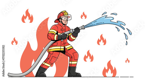Brave Firefighter Extinguishes Burning Flames with Water, Heroic Rescue Operation Depicted