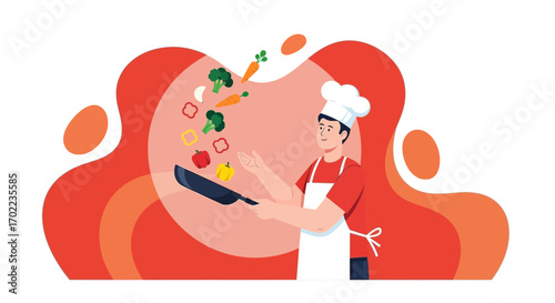 Chef Crafting Culinary Delights: A Vibrant Illustration of Cooking and Fresh Ingredients