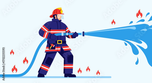 Brave Firefighter Extinguishing Flames, Fighting Fire With Powerful Stream Of Water