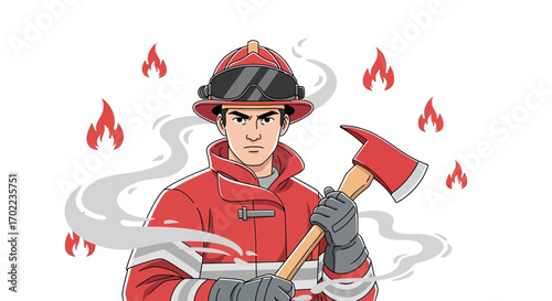 Brave Firefighter With Axe and Flames, Ready to Combat a Blaze Danger Immediately
